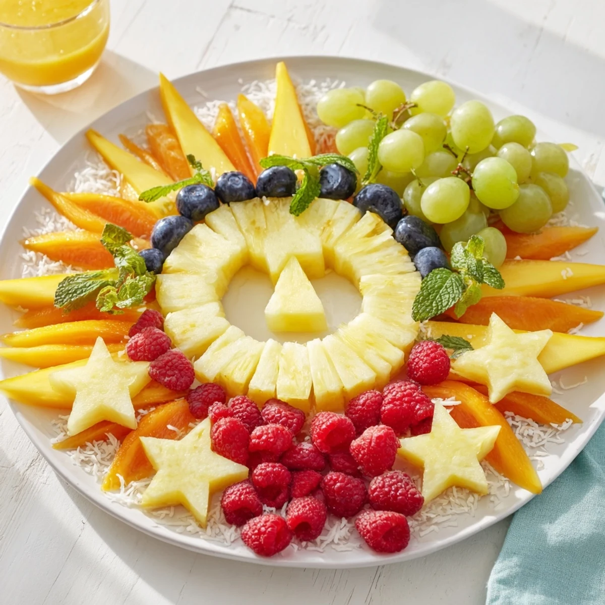 Enjoy a sunny, healthy Summer Rays Sun-Shaped Fruit Tray with fresh berries and citrus wedges for a treat.