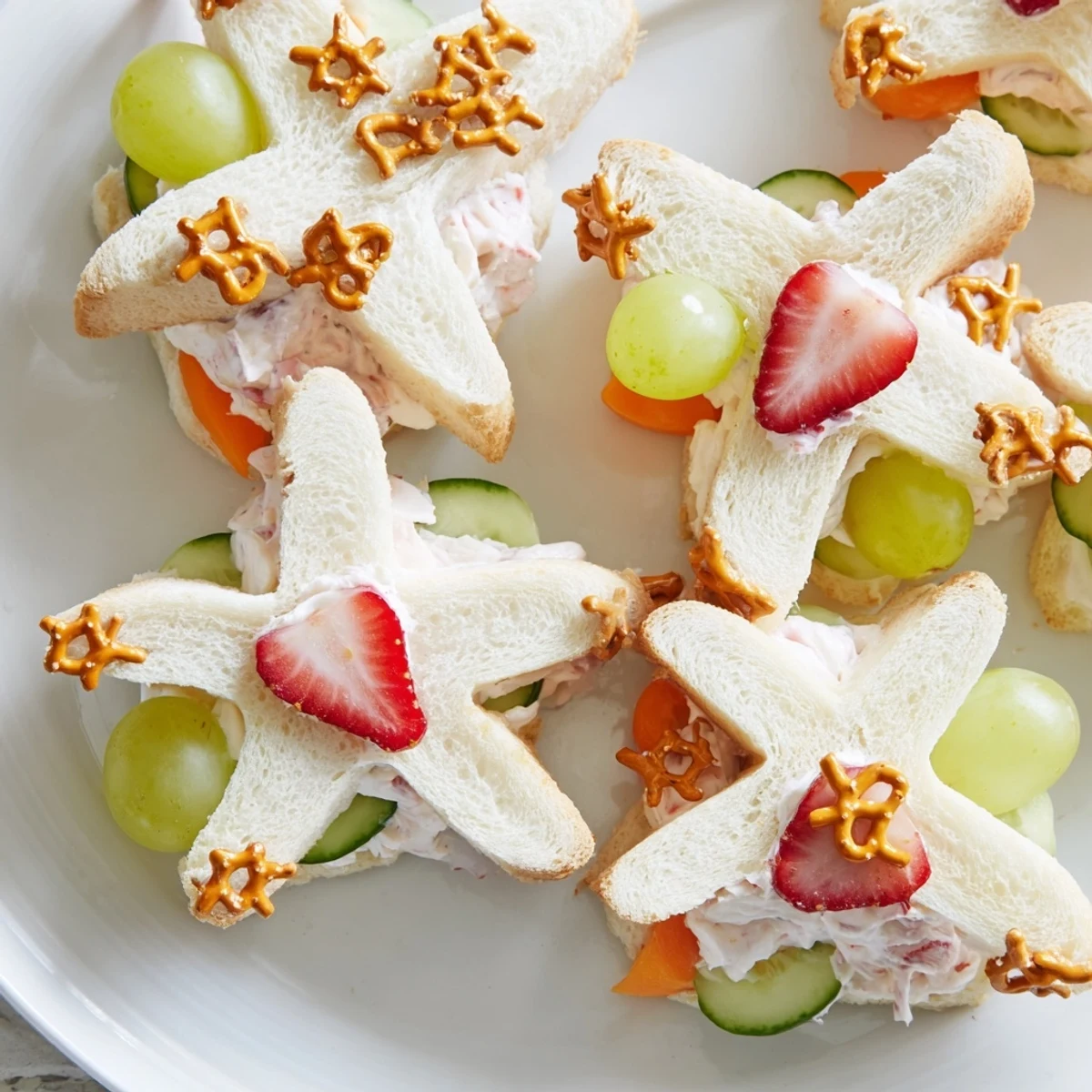 Vibrant Beach Day Starfish snack platter filled with playful sandwiches, fresh fruits, and crunchy treats.