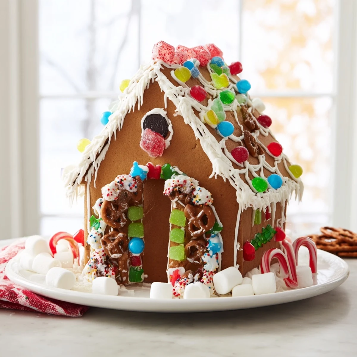 The delicious gingerbread house decoration kit showing gingerbread panels, candies, and freshly made royal icing.