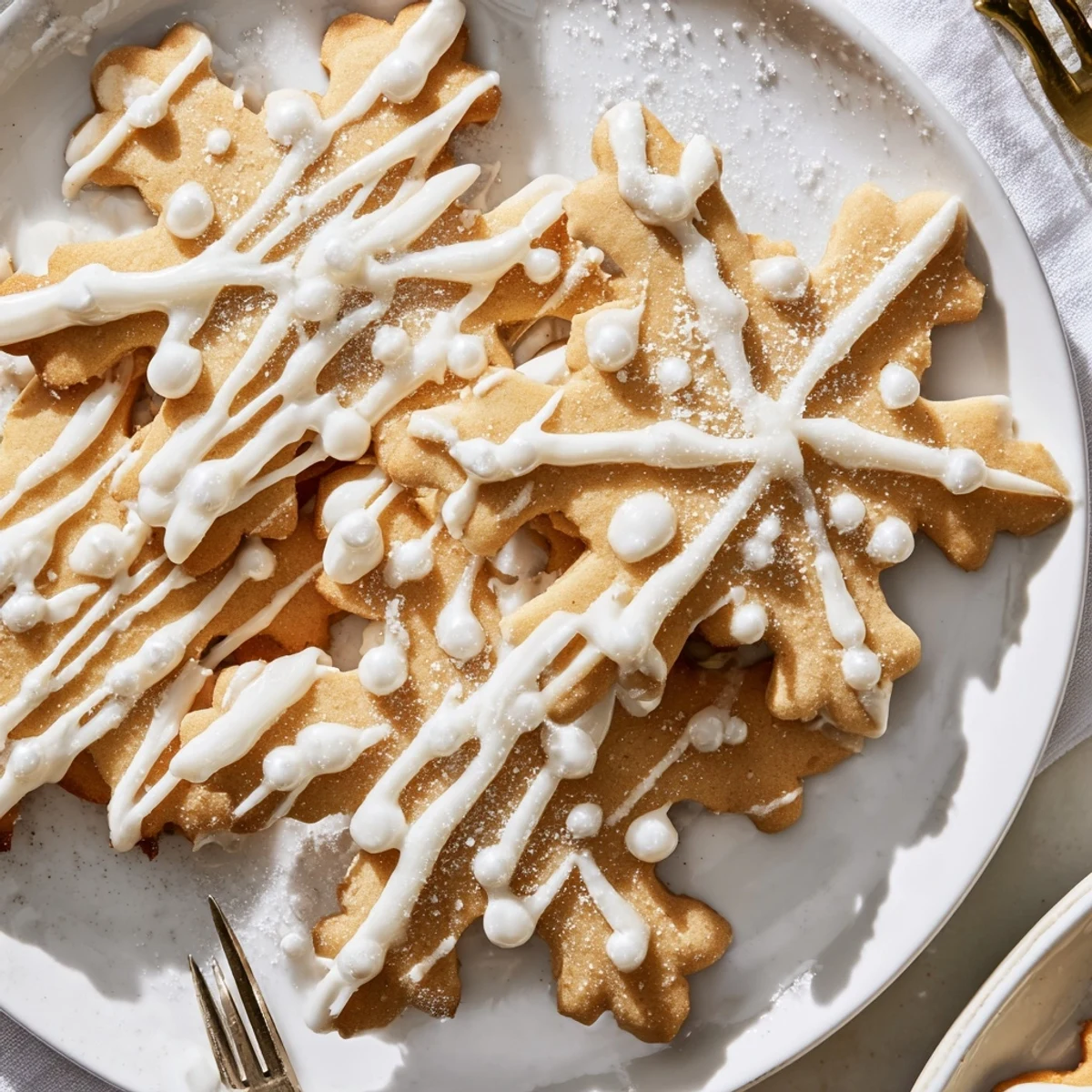 Close-up of a festive Winter Snowflake Platter, featuring sugar pearls and white chocolate drizzle.