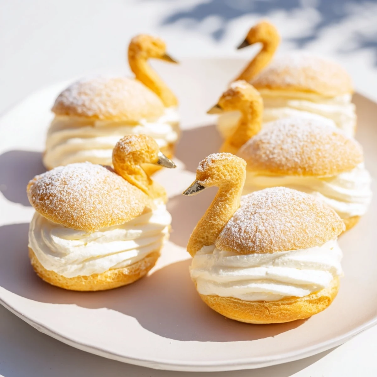 Delicate Elegant Swan Mini Pastries, beautifully dusted with powdered sugar, ready to enjoy at tea time.