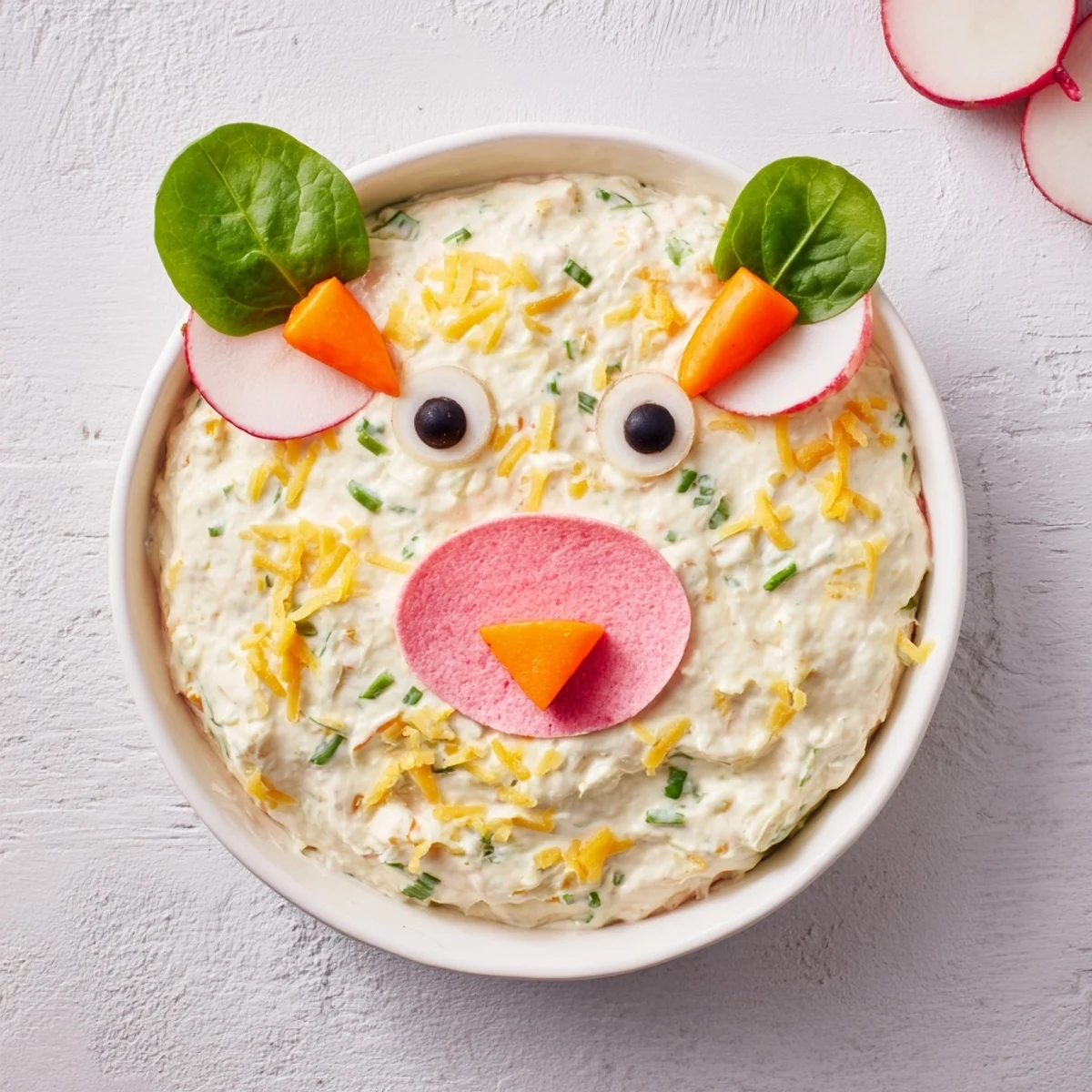 Piggy Face Dip in a vegetable bowl, with dippers of colorful, crispy vegetables surrounding the fun appetizer.