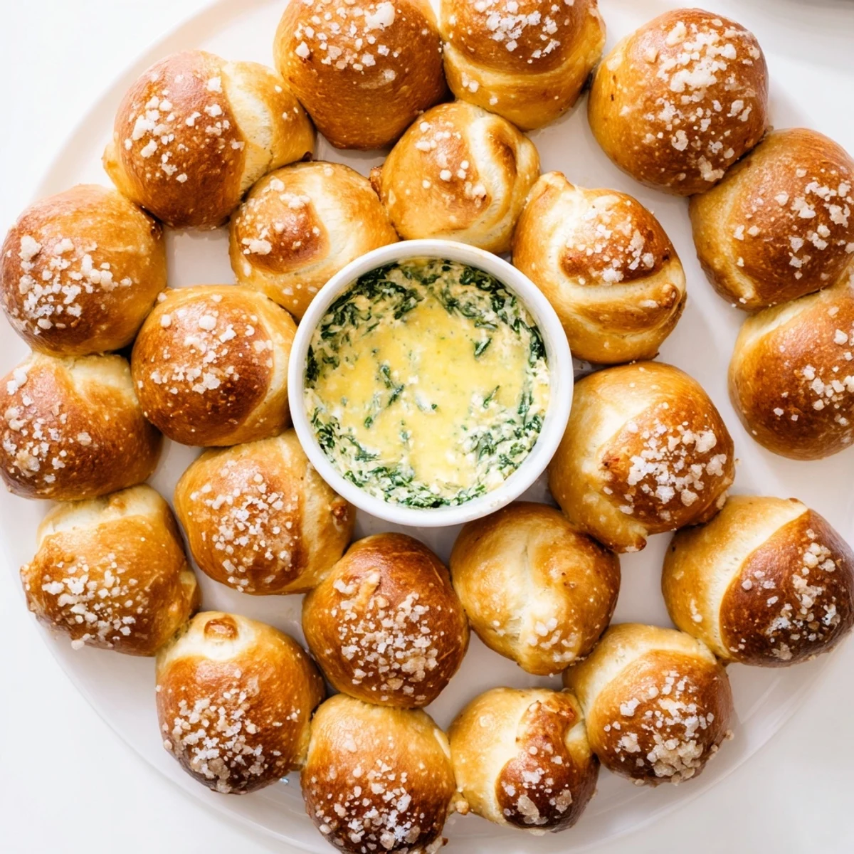 Golden pretzel wreath dip is a delicious shareable appetizer filled with cheesy spinach dip.