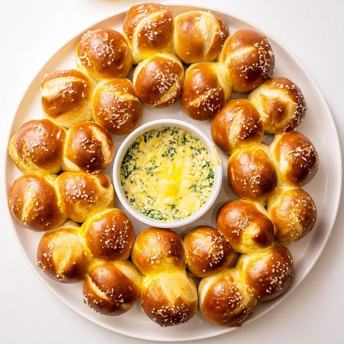 Close-up photo of a baked pretzel wreath dip ring, perfect for party snacking and dipping.