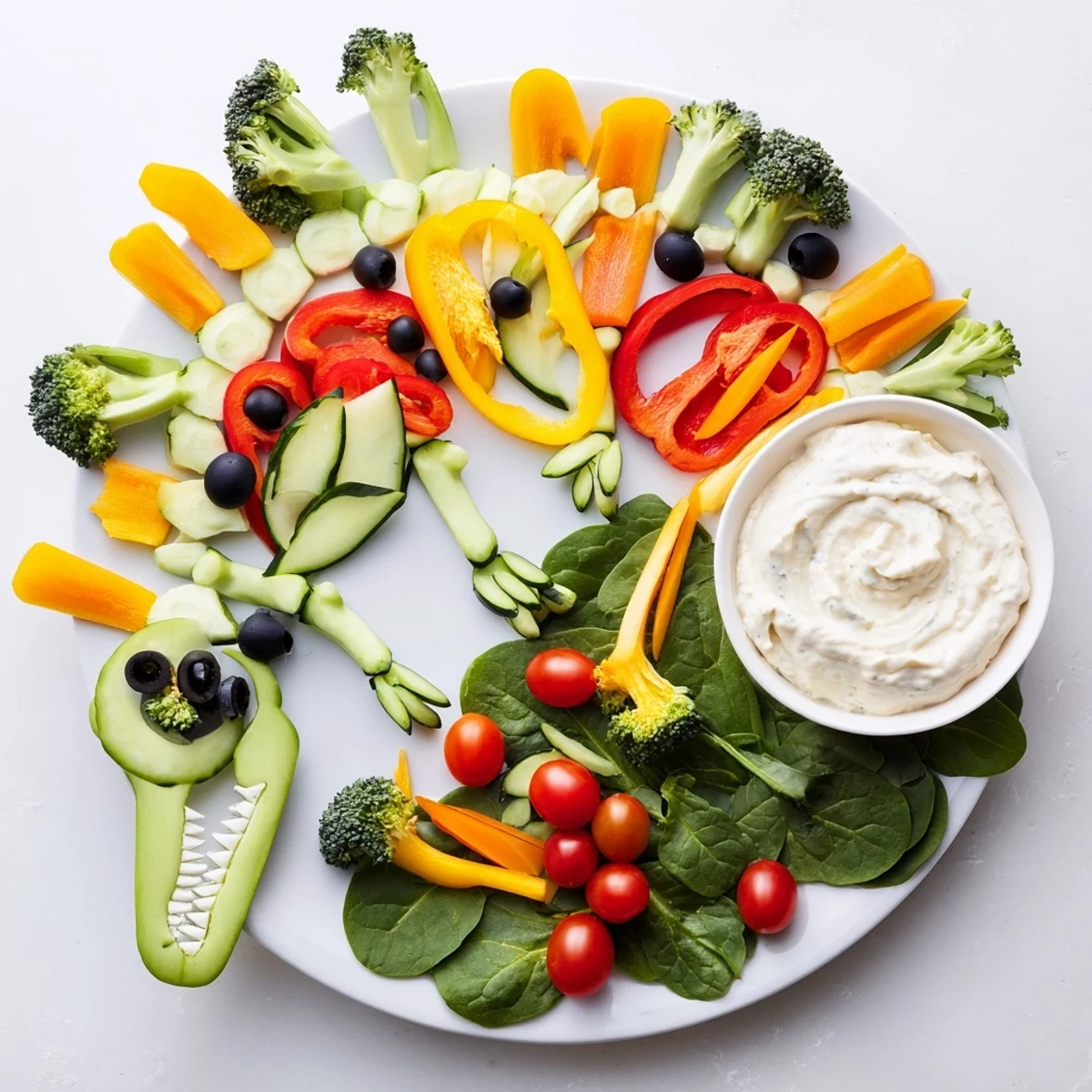 Vibrant T-Rex Fossil Crudités platter showcases colorful raw veggies and creamy ranch dip, ready to eat.