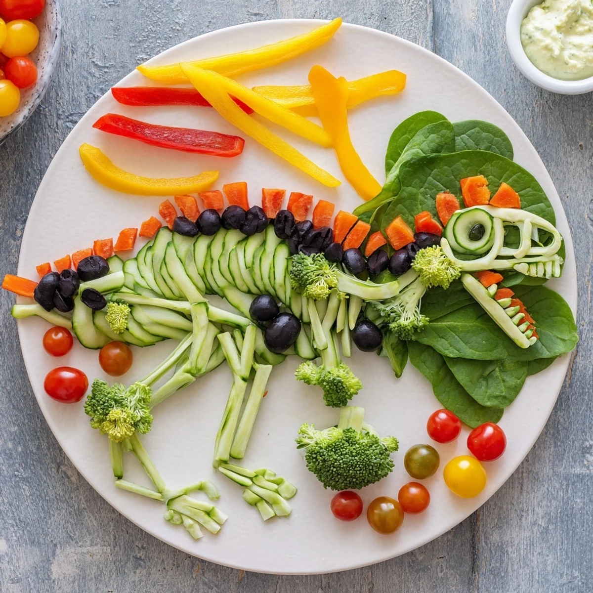 Freshly assembled T-Rex Fossil Crudités provides a fun, creative and delicious experience with a side of ranch.