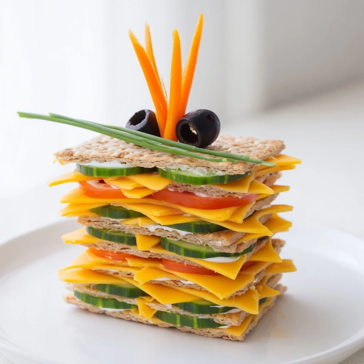 Giraffe Tall Cracker Stack featuring layers of cheese, colorful veggies, and olives, great snack!
