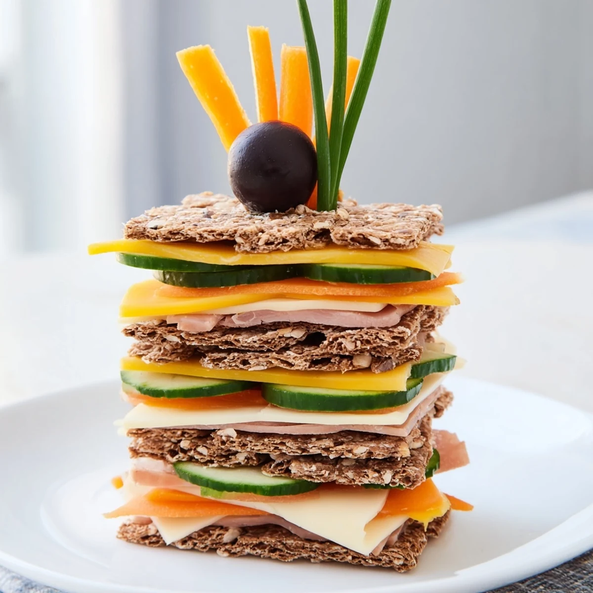 A kid-friendly visual of Giraffe Tall Cracker Stacks, cheese and veggie towers ready to eat.