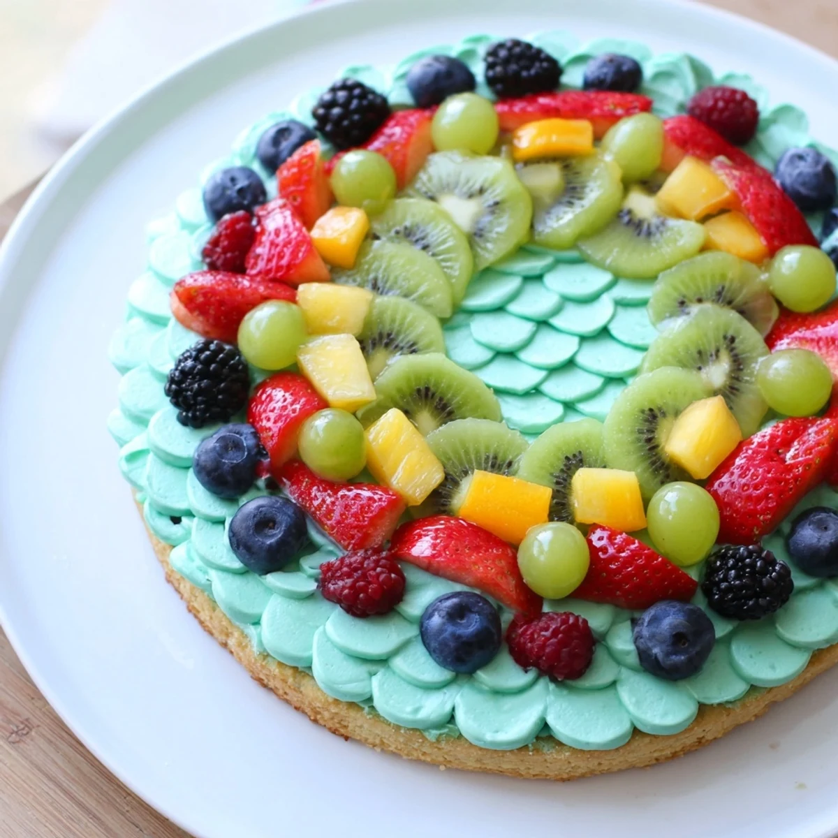 Enjoy a delicious sight and taste of a fresh fruit Under the Sea: Mermaid Tail Fruit Pizza.