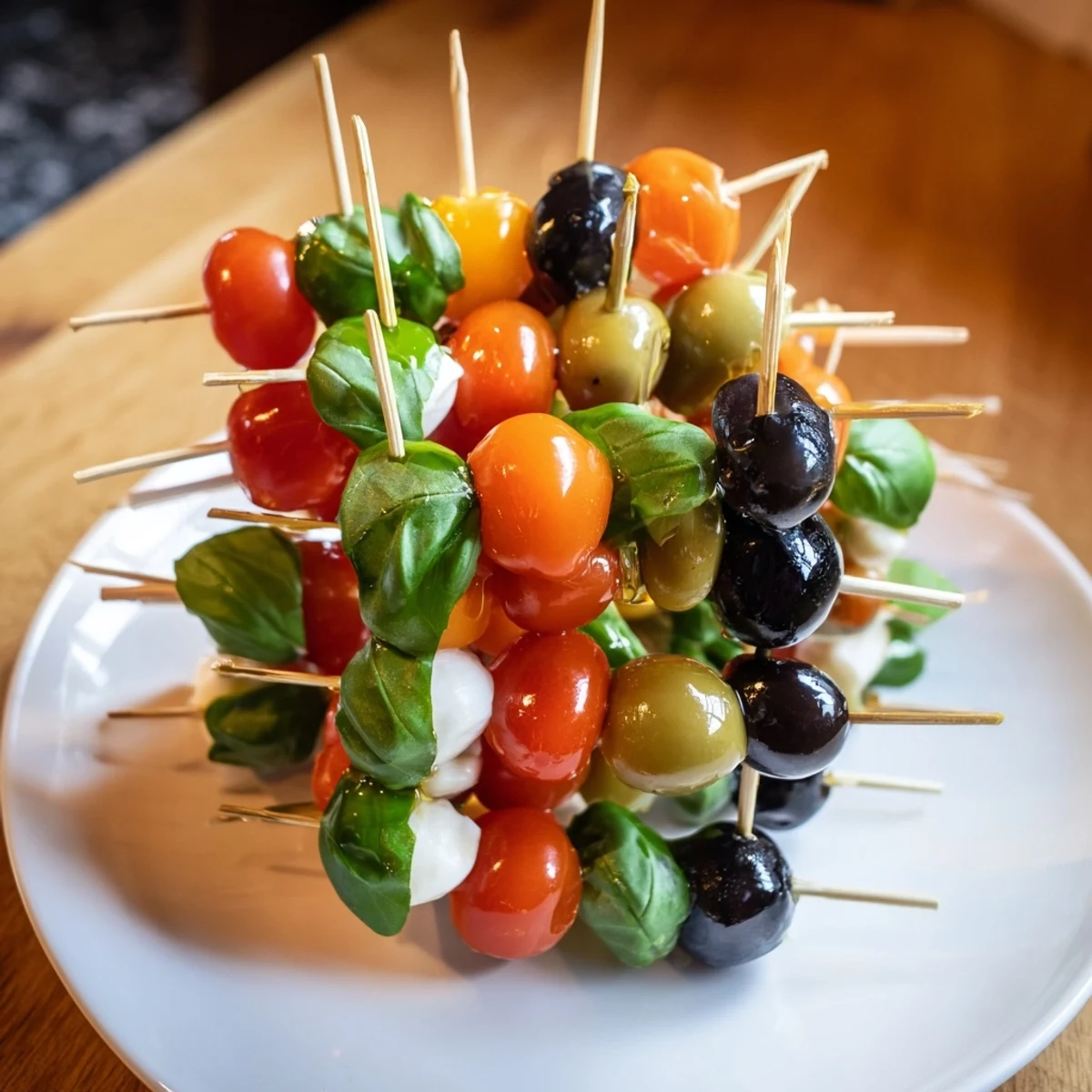 Freshly assembled Christmas Lights Olive and Tomato Skewers ready to be enjoyed as a vibrant appetizer at a party.