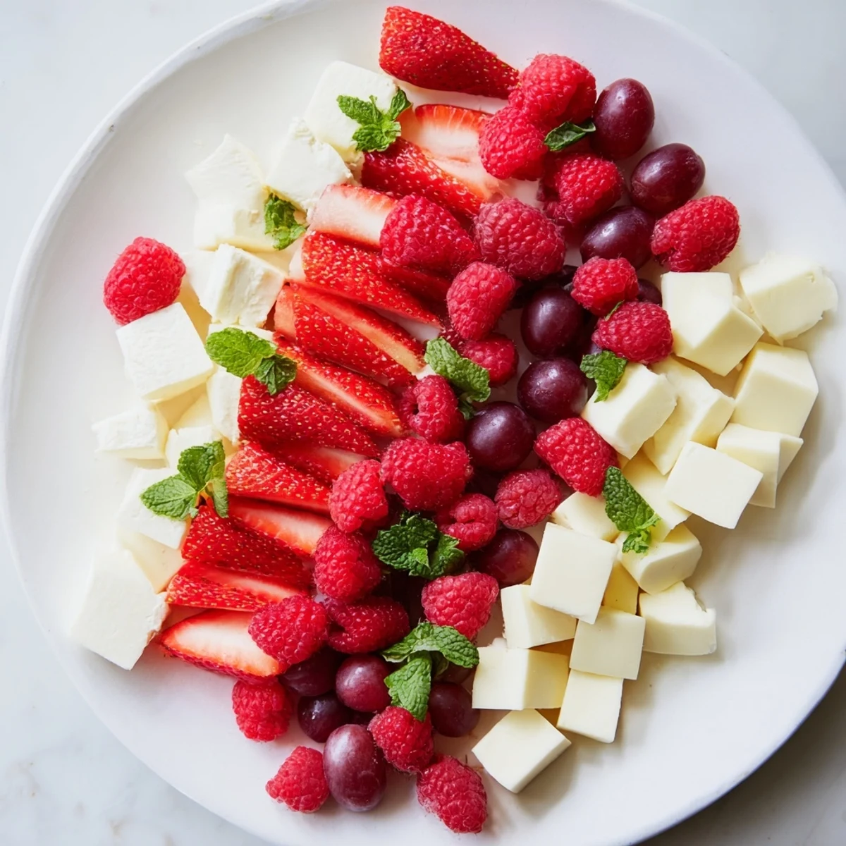 Vibrant candy cane stripe fruit and cheese platter, a beautiful holiday appetizer bursting with fresh flavors.