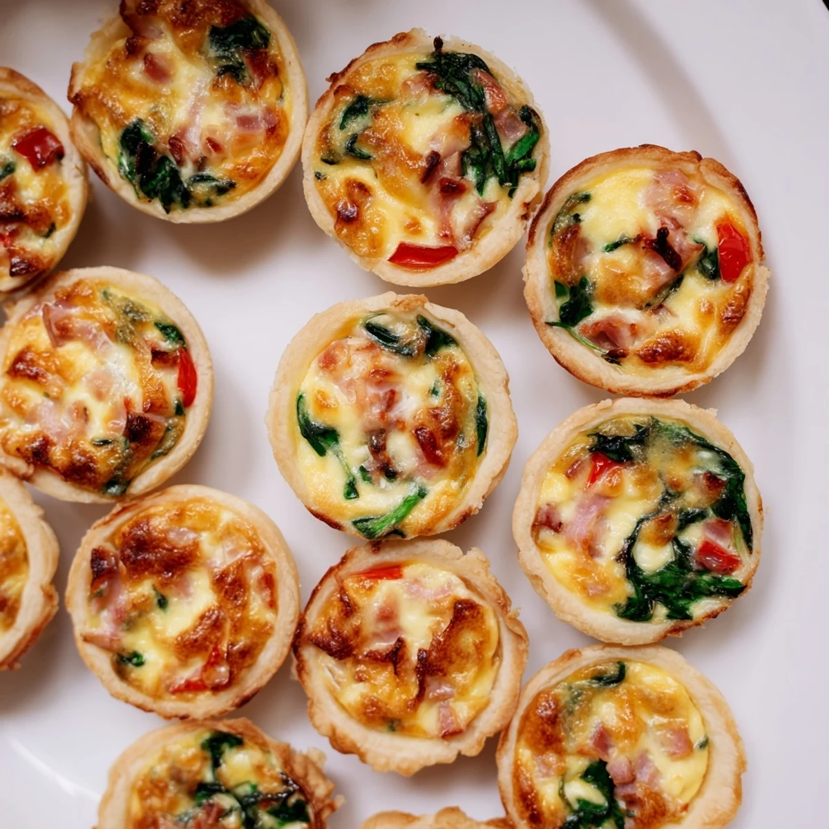 Mini Quiche Holiday Village Board: a delightful platter, featuring golden mini quiches with festive decorations.