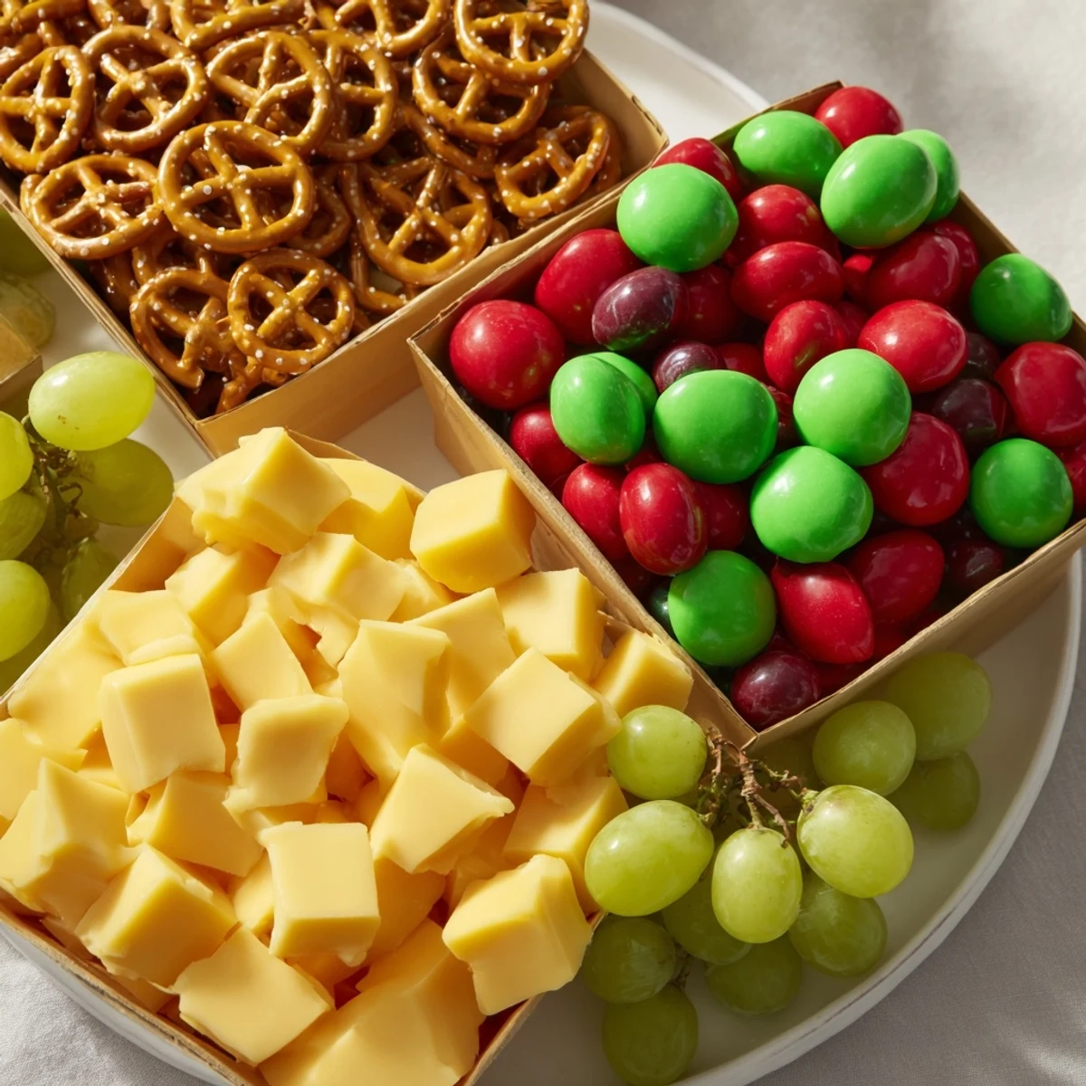 Festive Stacked Christmas Gift Snack Tower, brimming with colorful candies and cheese cubes, ready to enjoy.