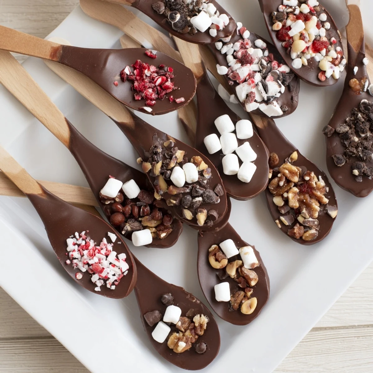 Enjoy this festive Hot Chocolate Spoon Toppings Board, a delicious dessert with various sweet treats.
