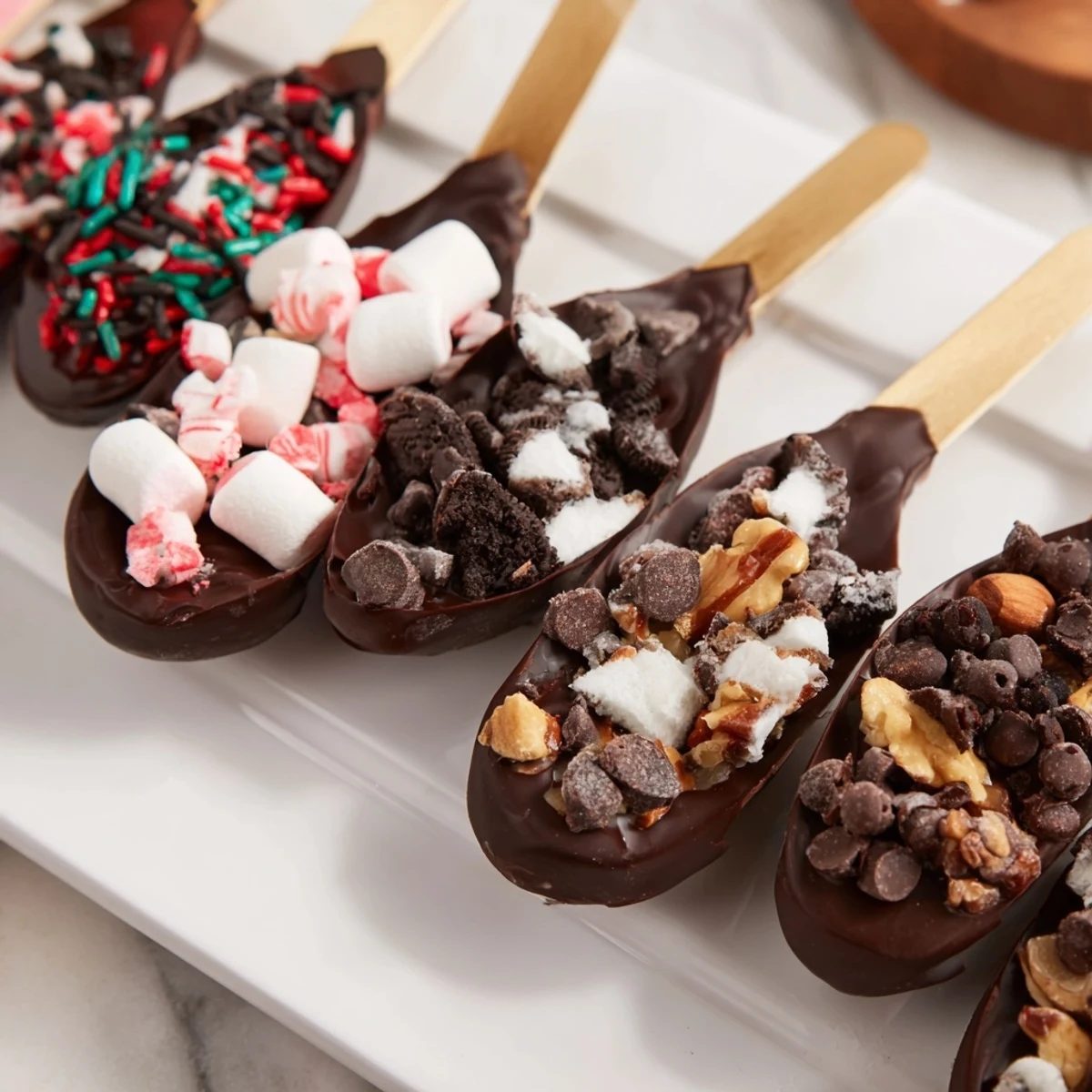 A beautifully arranged Hot Chocolate Spoon Toppings Board, ready for dipping into warm mugs of milk.