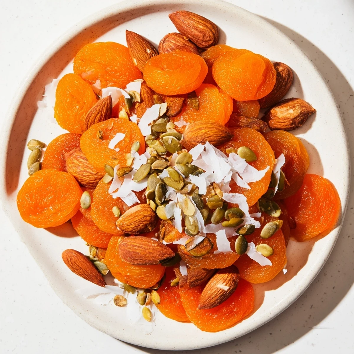 Simple fruit & nut pile: A beautiful arrangement of sweet dried apricots and crunchy almonds ready to enjoy.