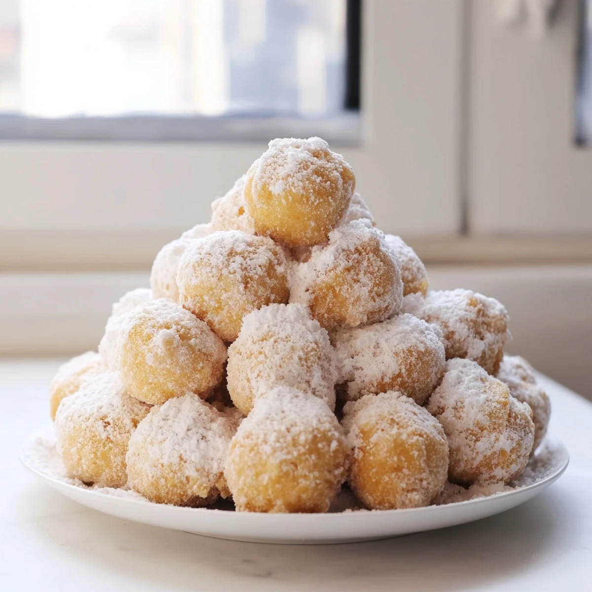 Freshly fried, golden brown powdered donut holes piled high, perfect with chocolate and caramel sauces.