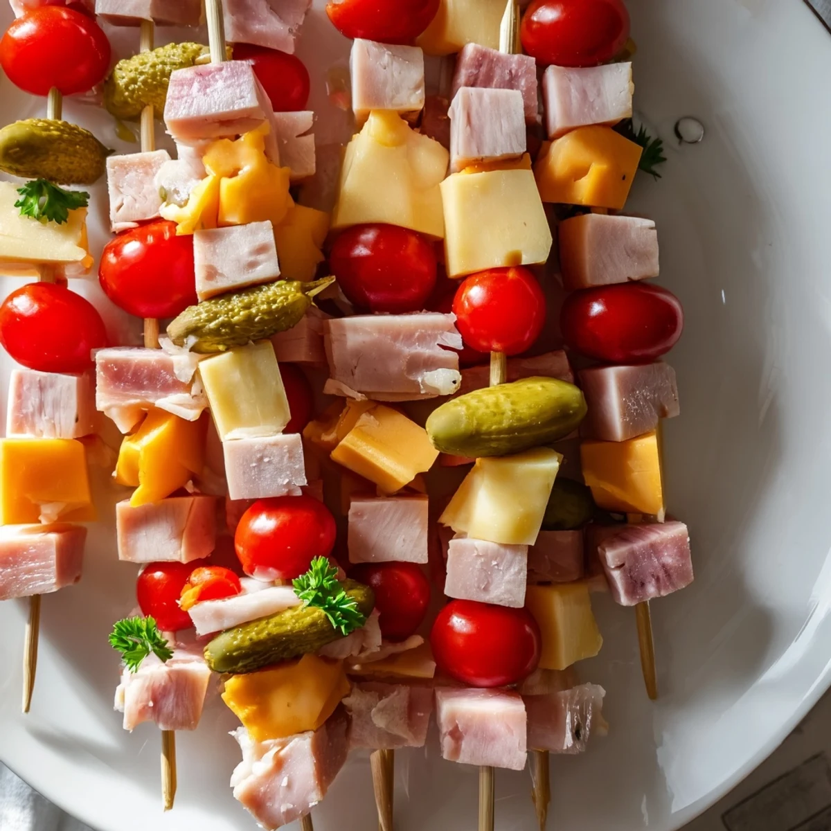 These Savory Skewers display tender ham and turkey with cheddar, Swiss, and tangy pickle cubes.