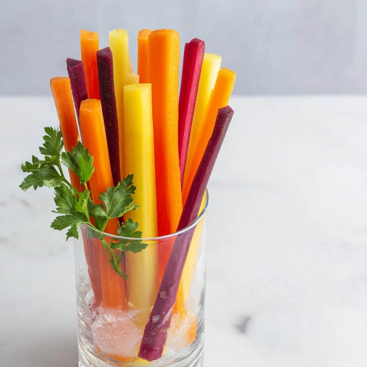Vibrant rainbow carrot sticks in glasses, a healthy appetizer ready for dipping and enjoying.