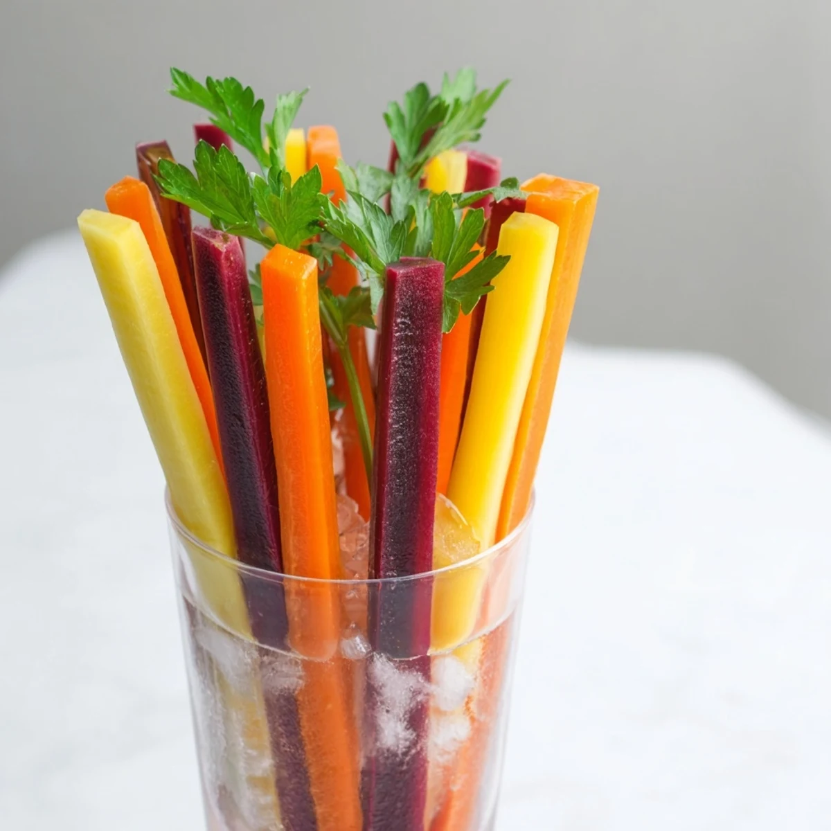 Simple Crudités: Colorful carrot sticks stand upright in chilled glasses, a refreshing appetizer.
