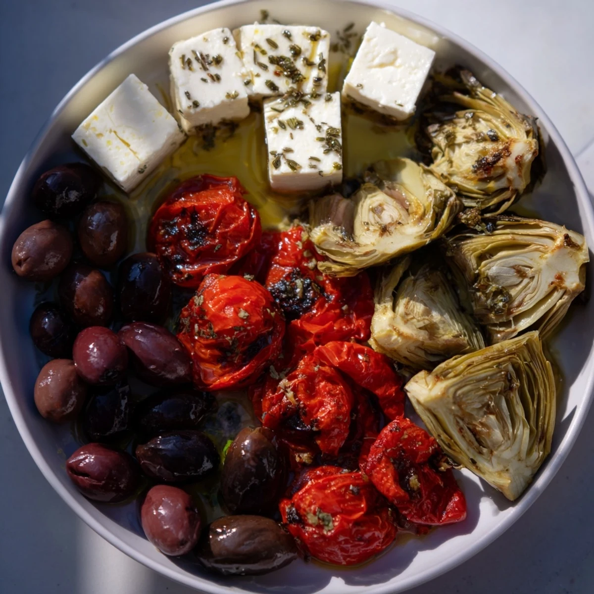Vibrant black olive and sun-dried tomato platter with crumbled feta, ready to serve and enjoy.