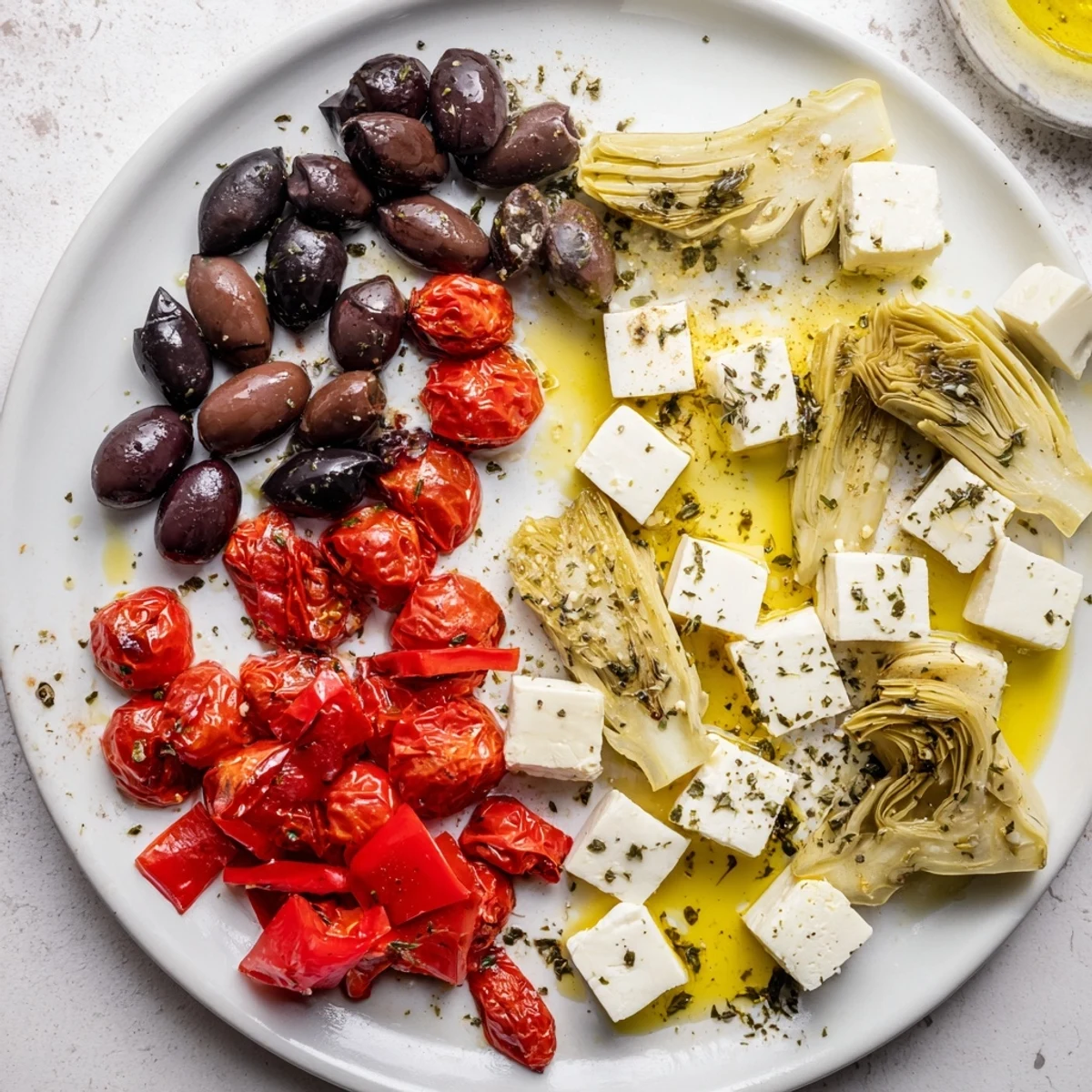 A close-up of a Black Olive and Sun-Dried Tomato Platter, bursting with Mediterranean flavors and olive oil.
