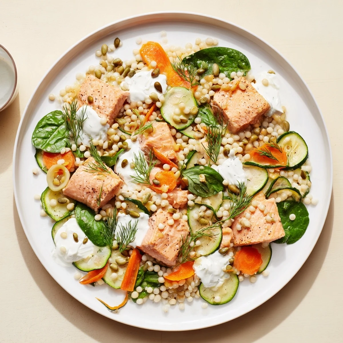 Elegant serving platter showcasing the artful arrangement of The Infinity Loop Flow dish, pescatarian delight.