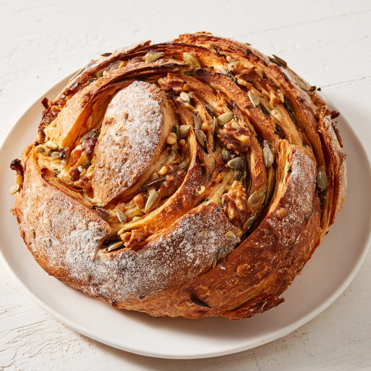 Golden, crusty Fibonacci Spiral Growth Bread, showcasing a beautiful artisan bread spiral ready to slice.