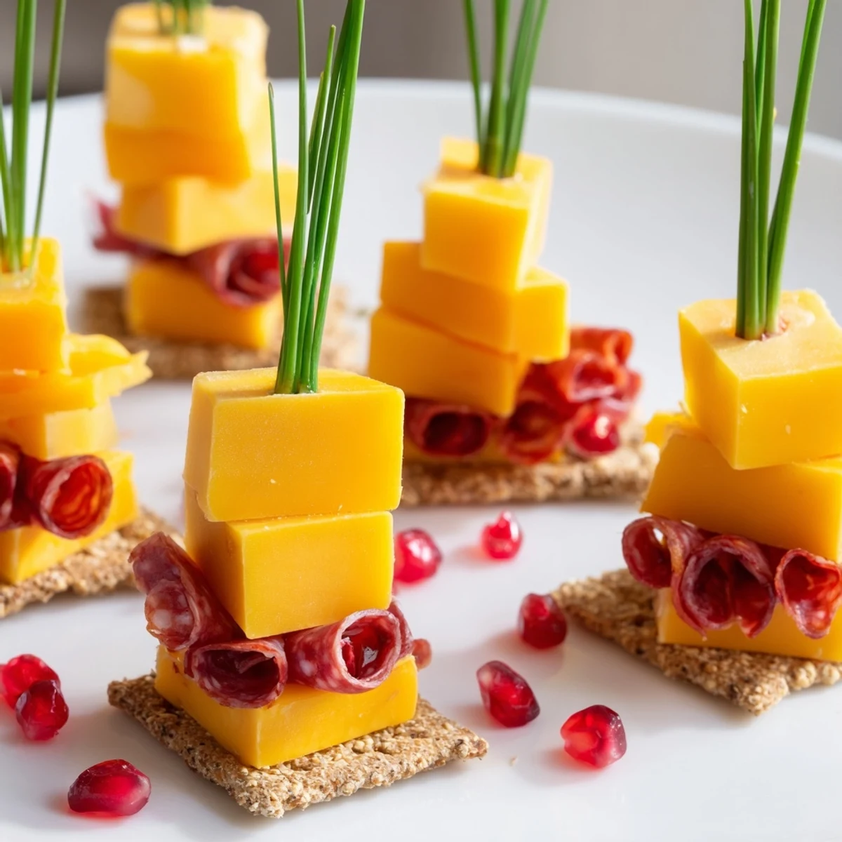 Layered Urban Skyline appetizer with cheese, meats, and chives creating a stunning city scape for guests.