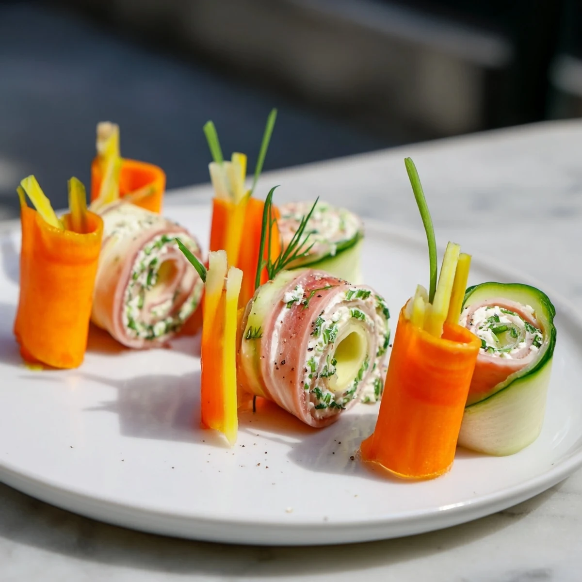 Vibrant The Ribbon Dancer appetizer: fresh cucumber and carrot ribbons spiraled around savory turkey.