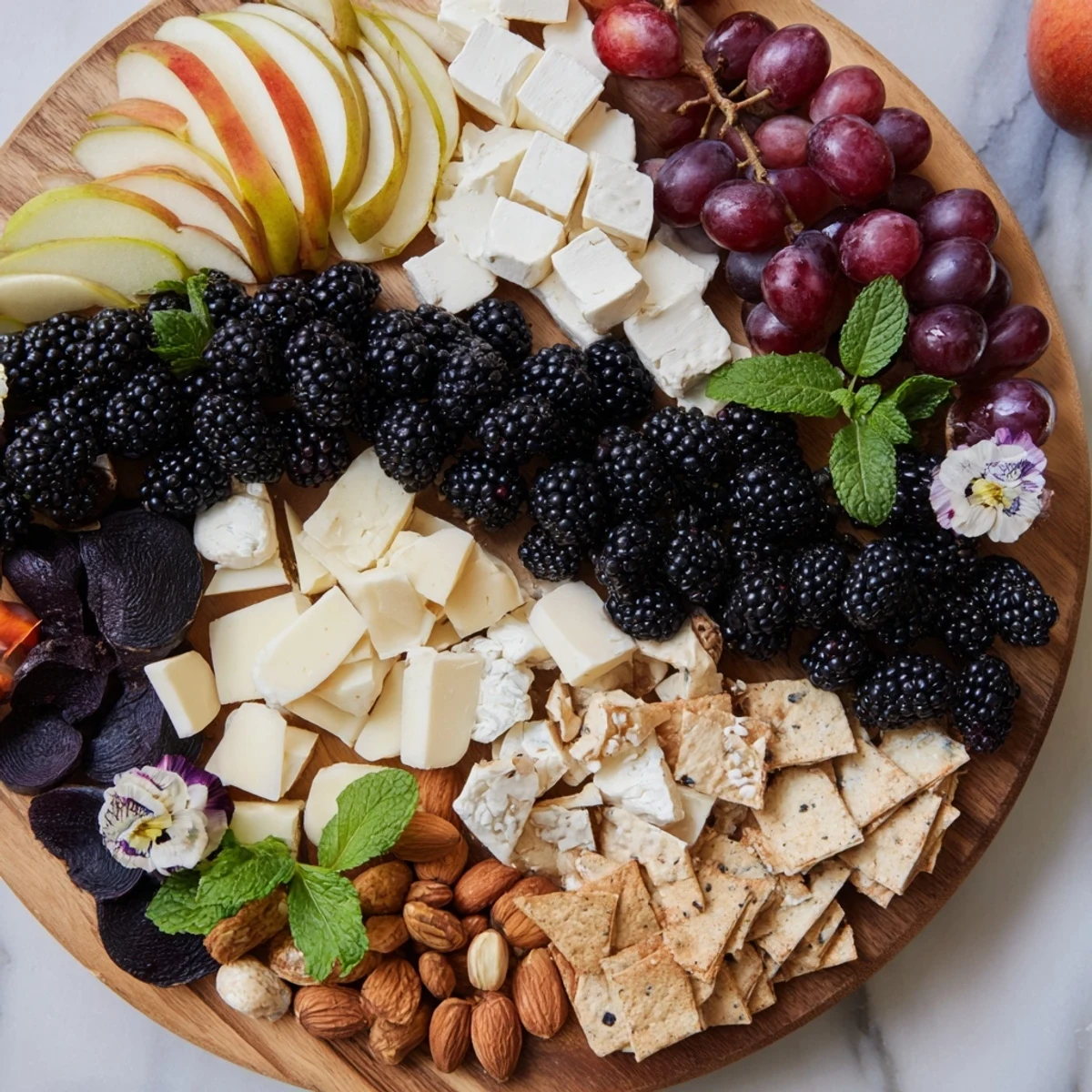 A beautifully arranged Yin-Yang Balance cheese board showcasing creamy goat cheese and bold blue cheese.