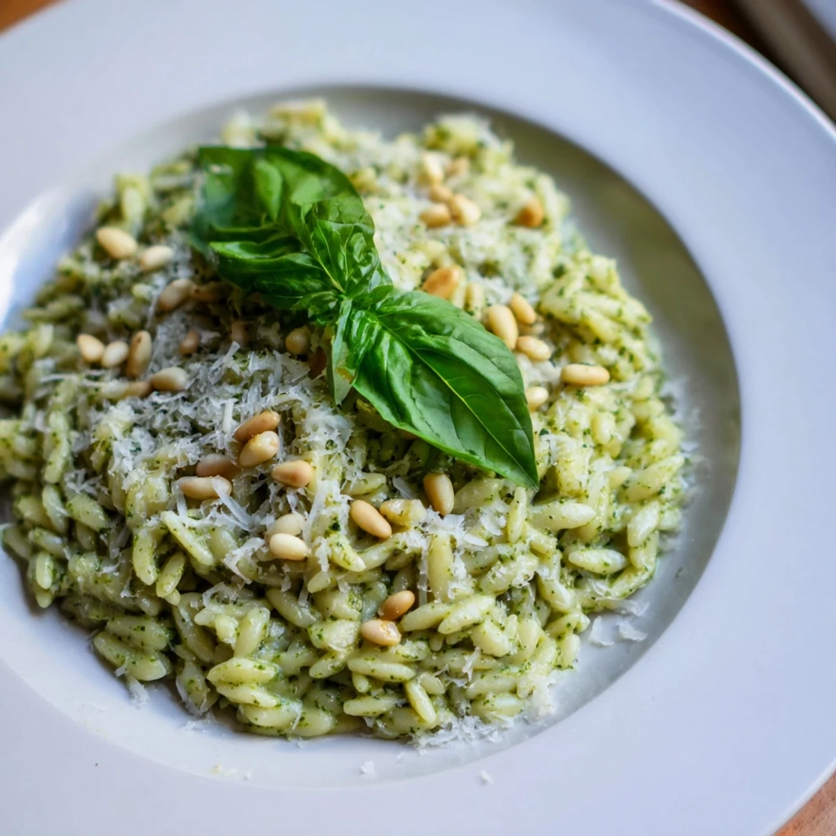 Steaming bowl of 15-Minute Creamy Pesto Risoni, garnished with fresh basil and toasted pine nuts.