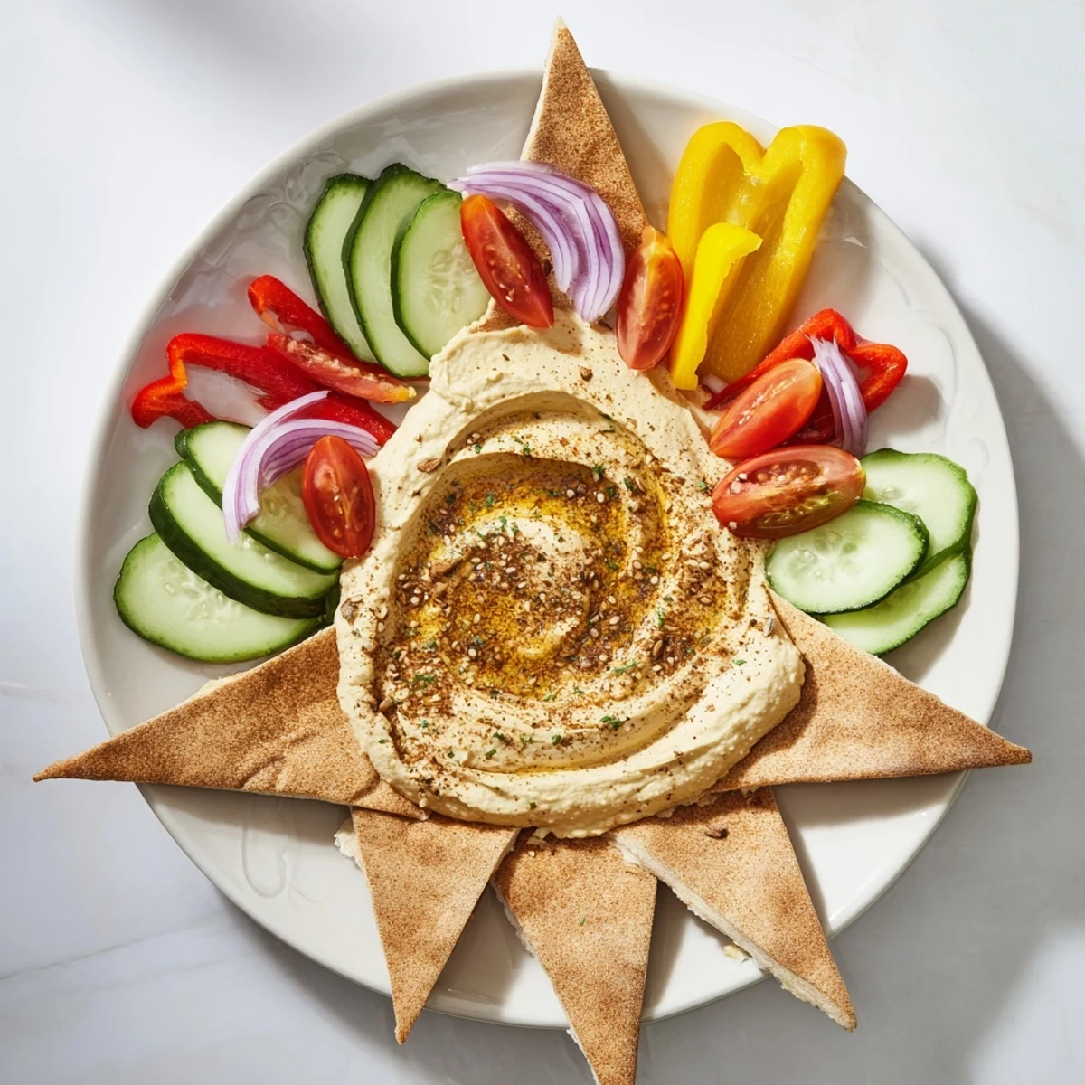 Vibrant Moroccan Tent appetizer, showcasing fresh vegetables, flavorful dips, and warm pita bread for dipping.