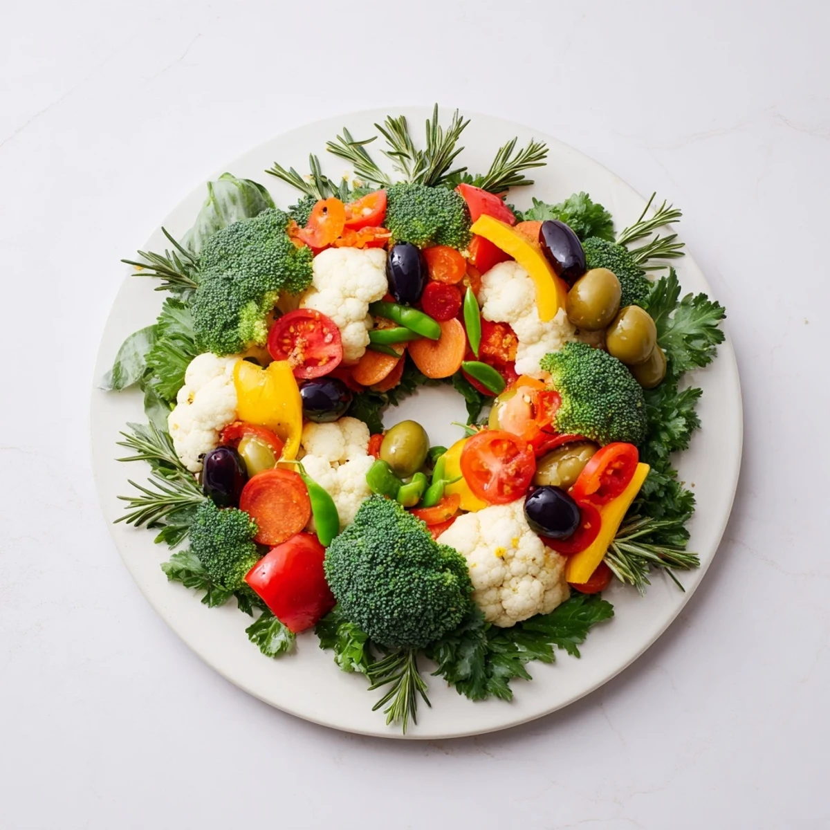 Vibrant Garland Veggie Wreath with colorful bell peppers and cherry tomatoes, ready to serve as an appetizer.