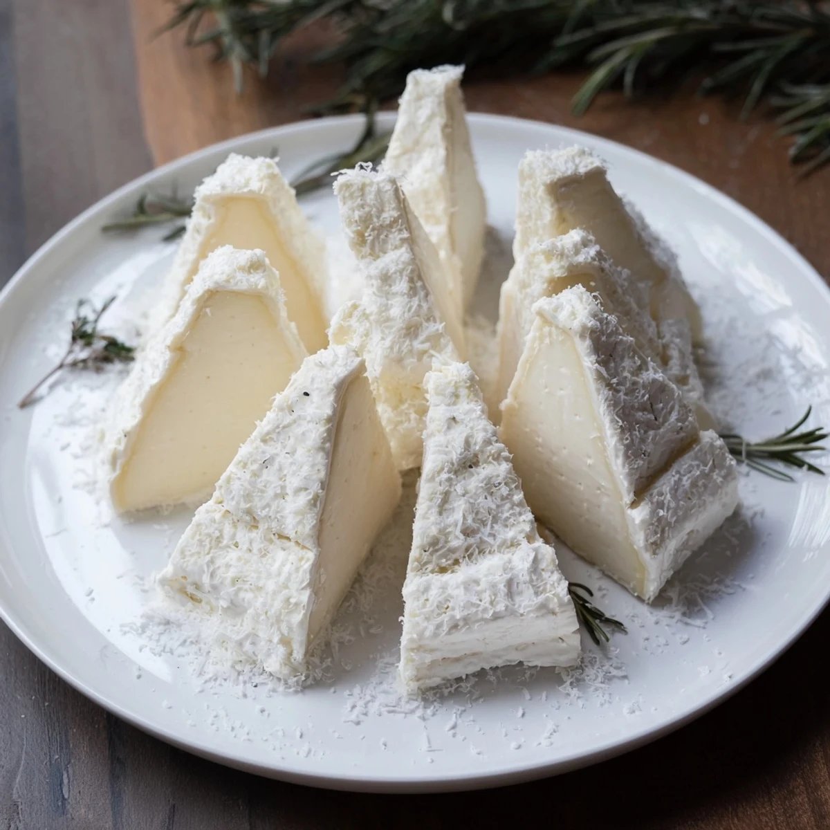 Snowcapped range of Brie cheese wedges dusted with Parmesan, a delightful appetizer.