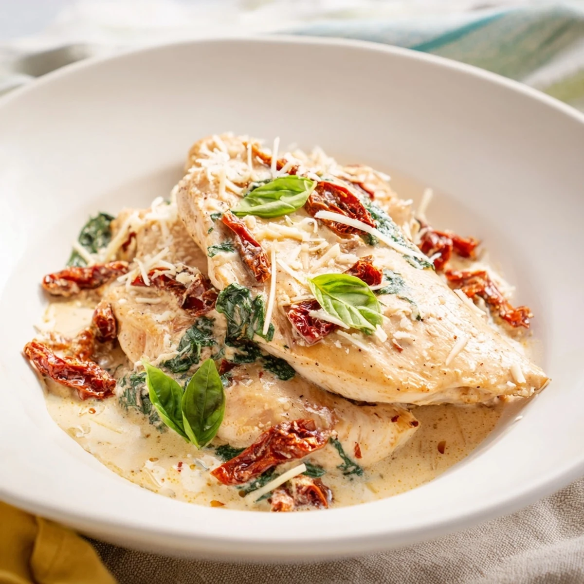 Creamy Sun-Dried Tomato Chicken Skillet, showcasing golden chicken in a rich, vibrant tomato sauce.