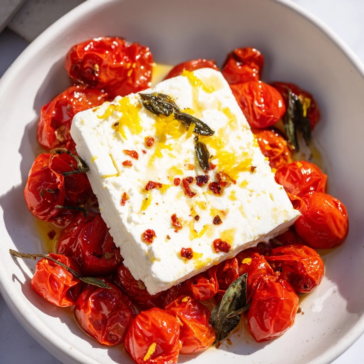 Creamy Baked Feta 2.0 with honey-glazed tomatoes, a vegetarian Mediterranean delight.