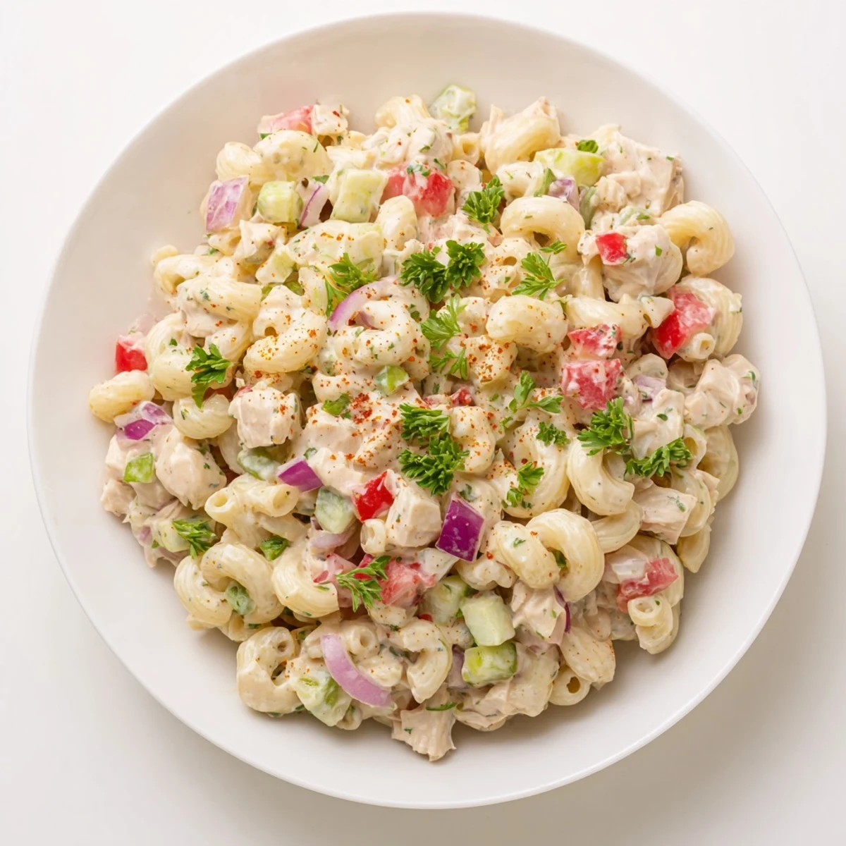 Chicken Macaroni Holiday Salad glistening on a plate, featuring tender macaroni and colorful vegetables.