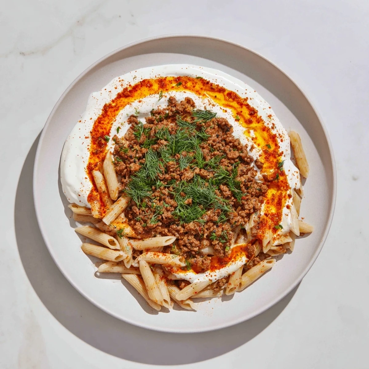 Close-up of Turkish Pasta with Ground Turkey: a creamy yogurt sauce base topped with savory ground turkey.