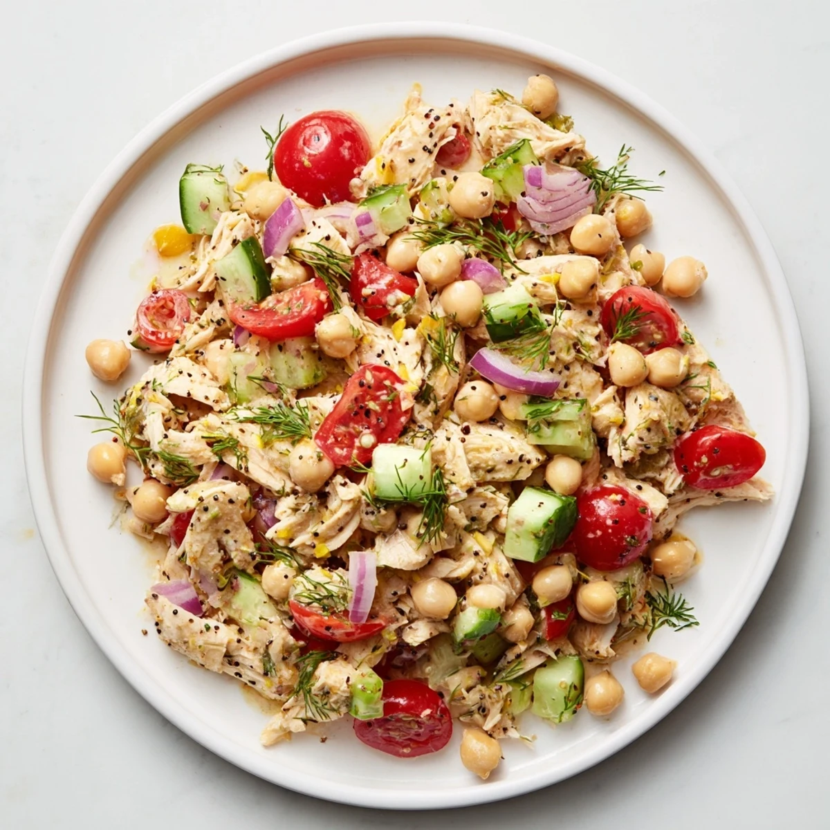 Dense Bean Salad with Lemon-Dill Chicken, featuring shredded chicken and vibrant fresh vegetables, drizzled with zesty dressing.