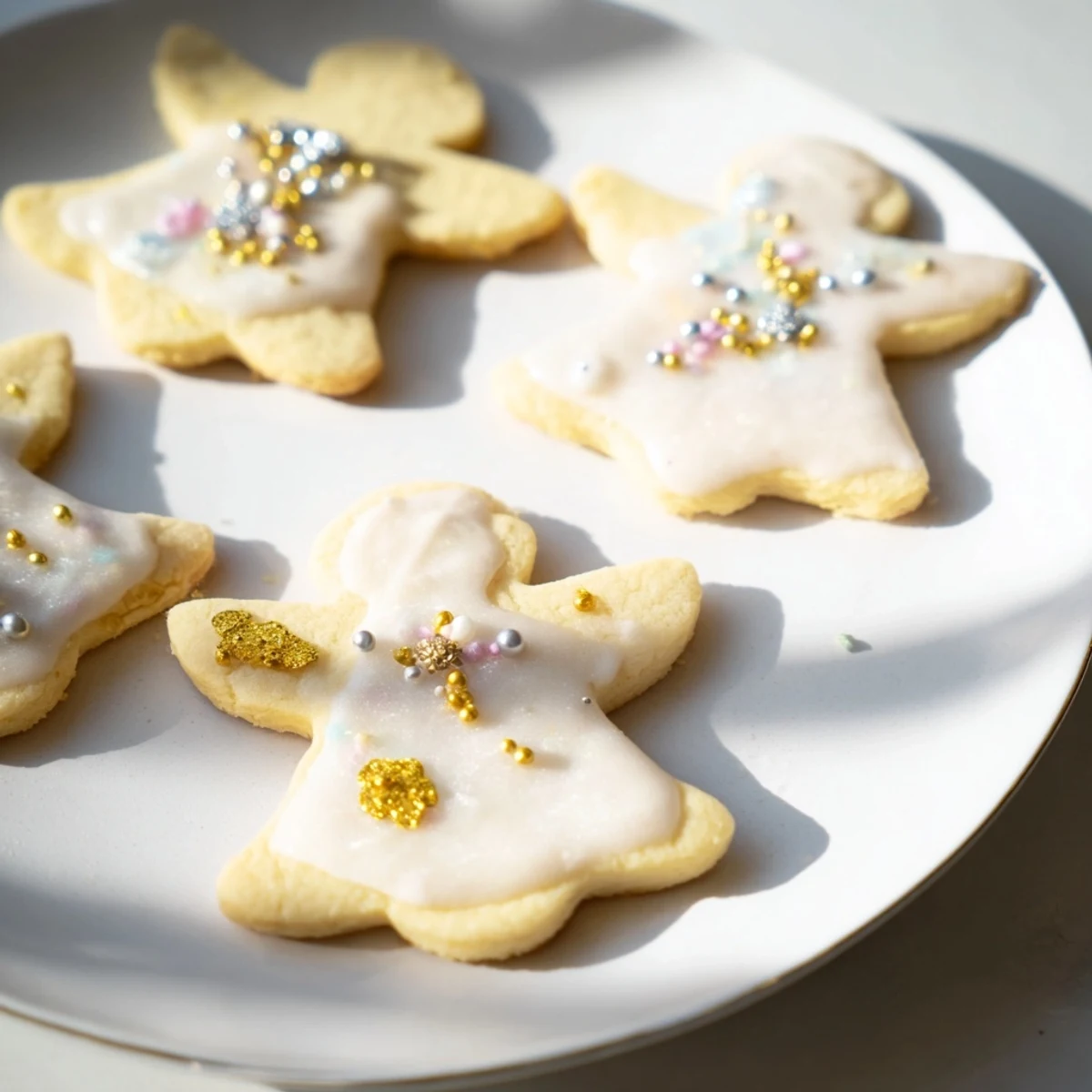 Buttery Biscuits Anges de Noël, beautifully decorated angel cookies with golden edges, ready to be enjoyed.