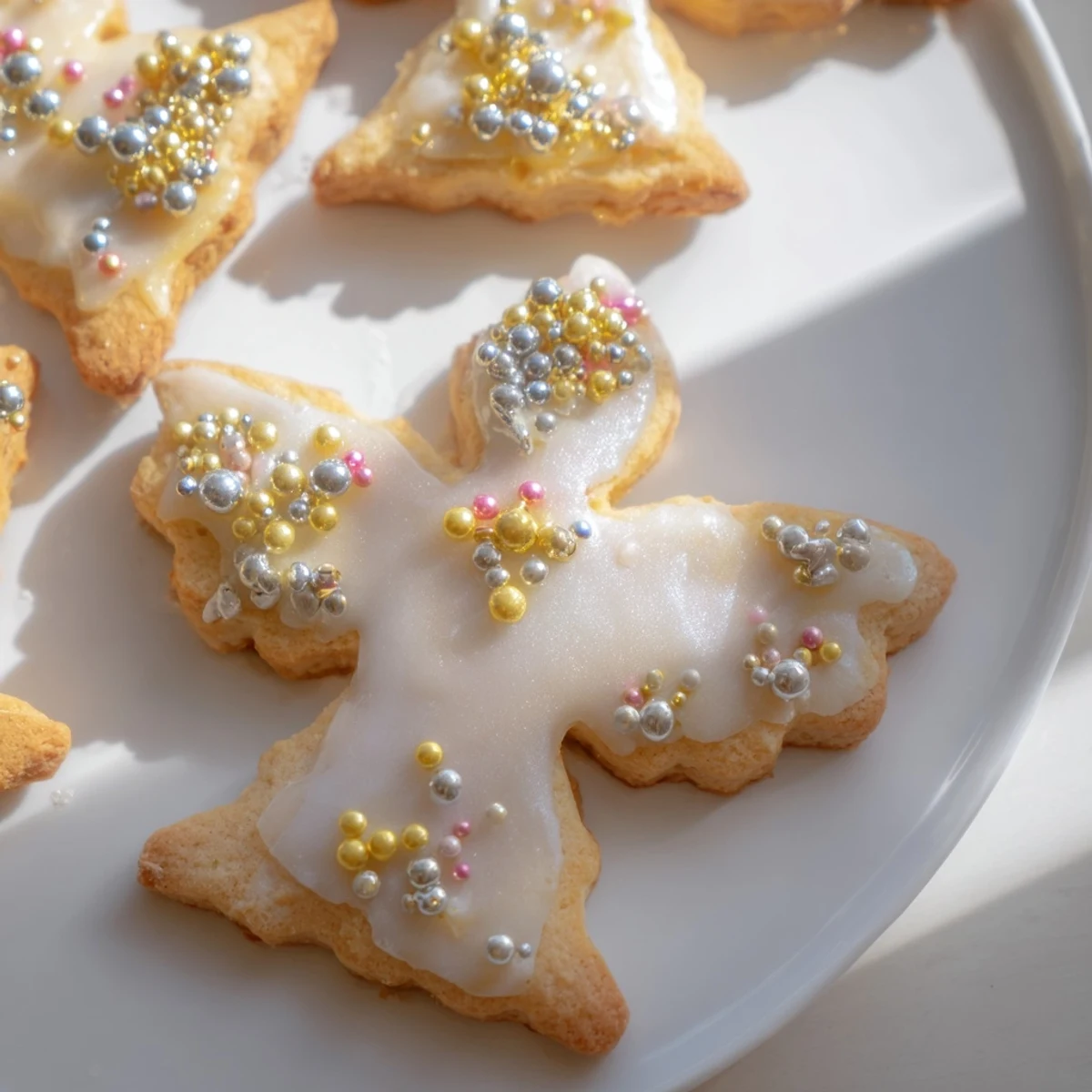 Christmas Biscuits Anges de Noël, delicate French angel-shaped cookies with sparkling sugar, perfect for gifting.