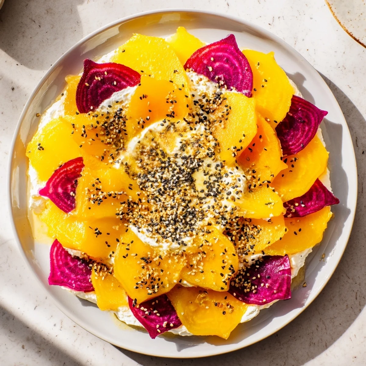 Elegant Radial Symmetry Sunburst appetizer showcasing a symmetrical arrangement of fresh vegetables and creamy cheese.