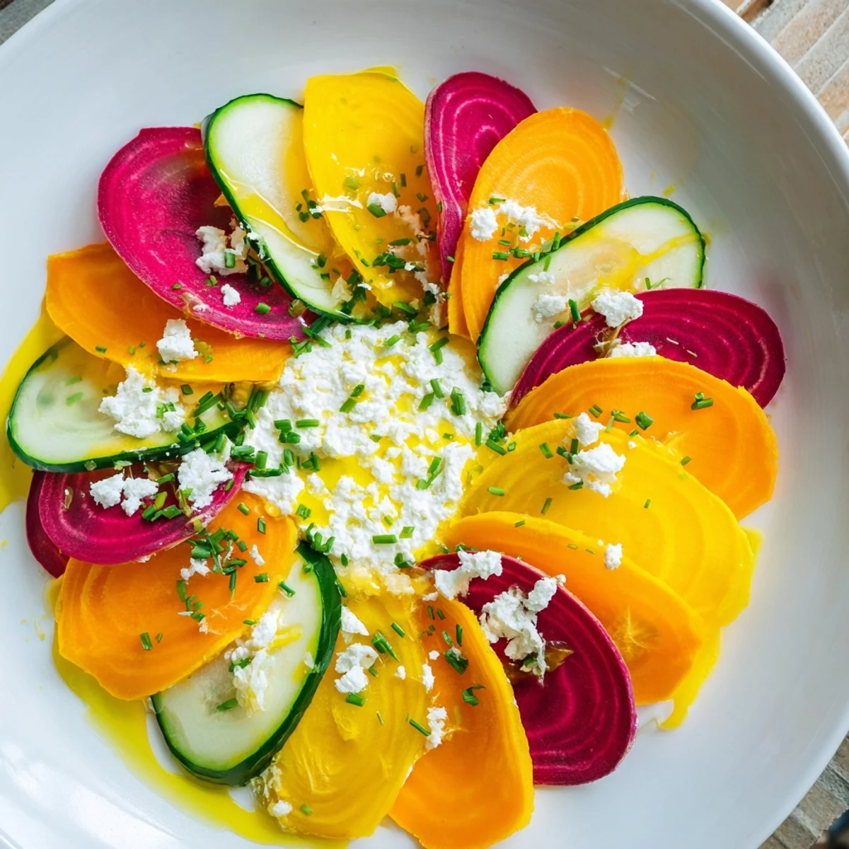 Radial Symmetry Sunburst salad featuring colorful, thinly sliced vegetables artfully arranged with creamy goat cheese.