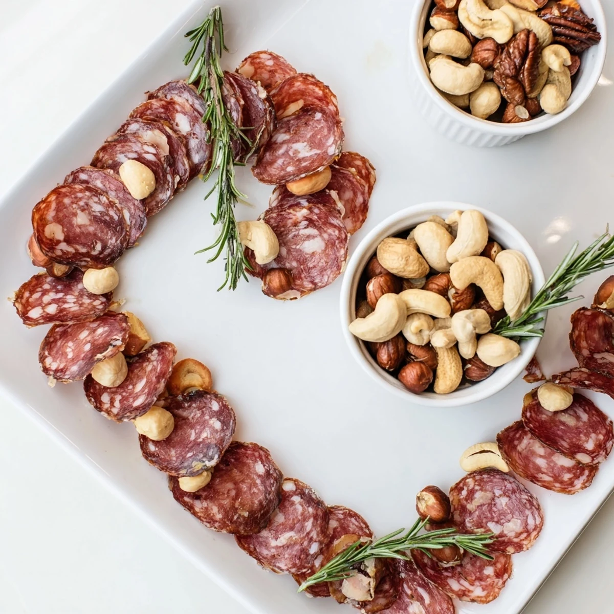 Elegant The Infinity Loop appetizer of salami looped around nut-filled bowls, ready to eat.