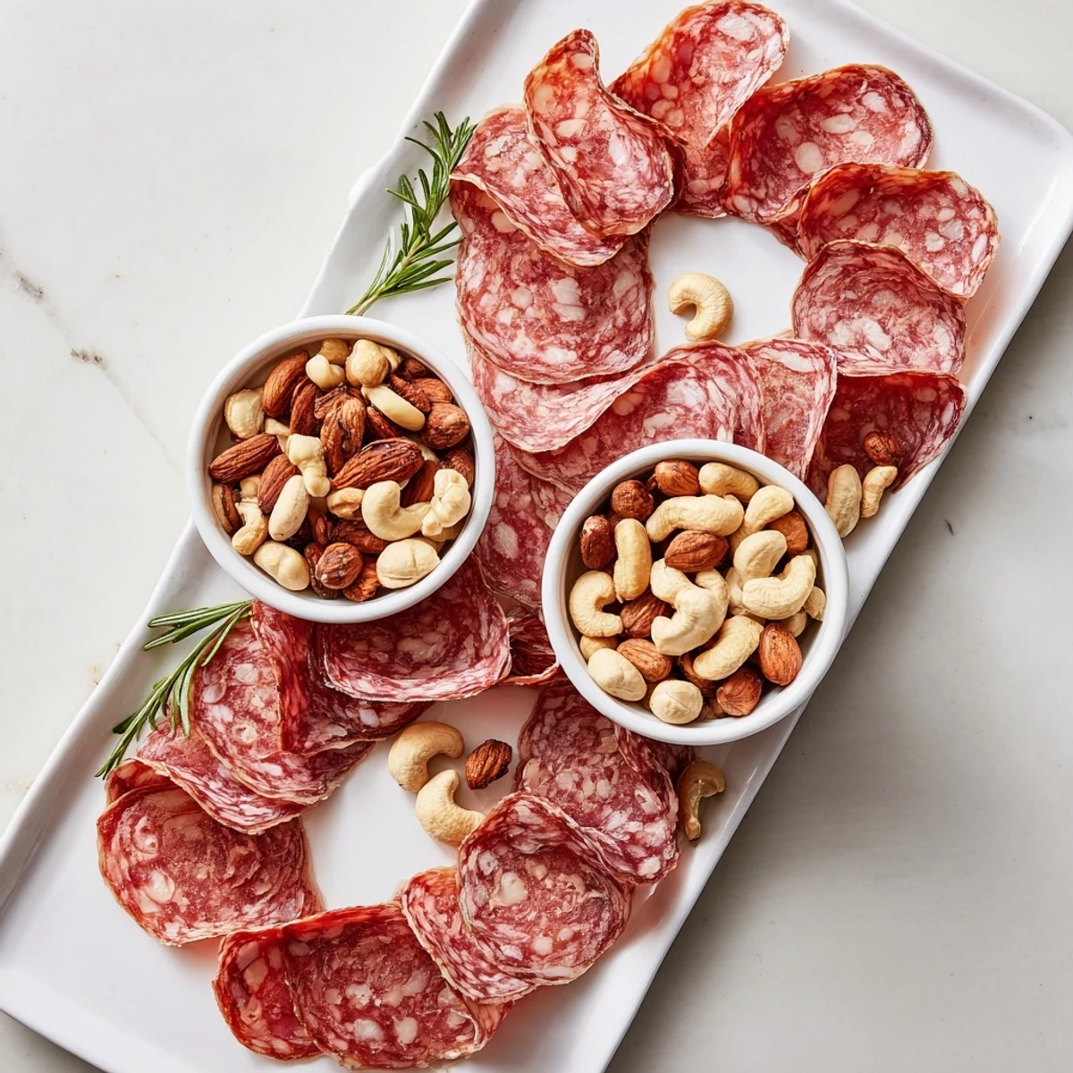 This The Infinity Loop displays artful salami and nuts, a delightful appetizer presentation for guests.
