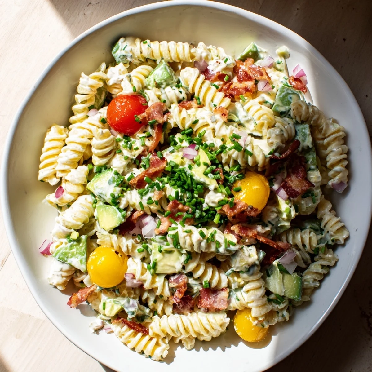 BLT Pasta Salad, overflowing with crispy bacon, juicy tomatoes, and creamy dressing, ready to eat.