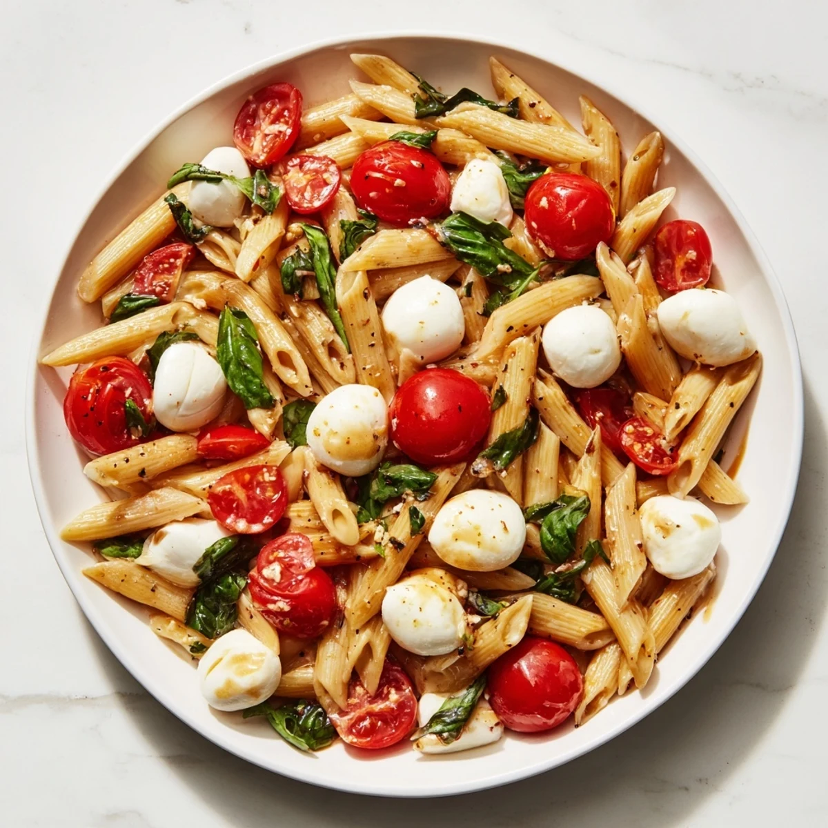 A bowl of fresh Caprese Pasta Salad, featuring mozzarella, basil, and a tangy balsamic vinaigrette dressing.