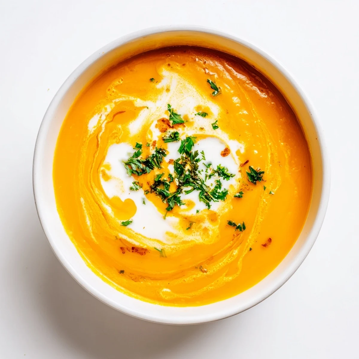 Steaming bowl of Sweet Maple Carrot Soup, garnished with parsley and a swirl of coconut cream.