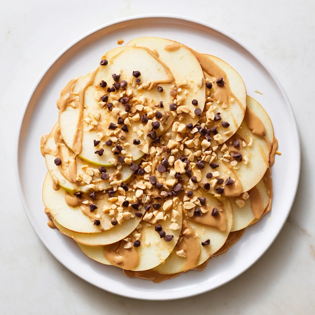 Crisp Apple slices covered in peanut butter, forming delicious peanut butter apple nachos, a sweet snack.